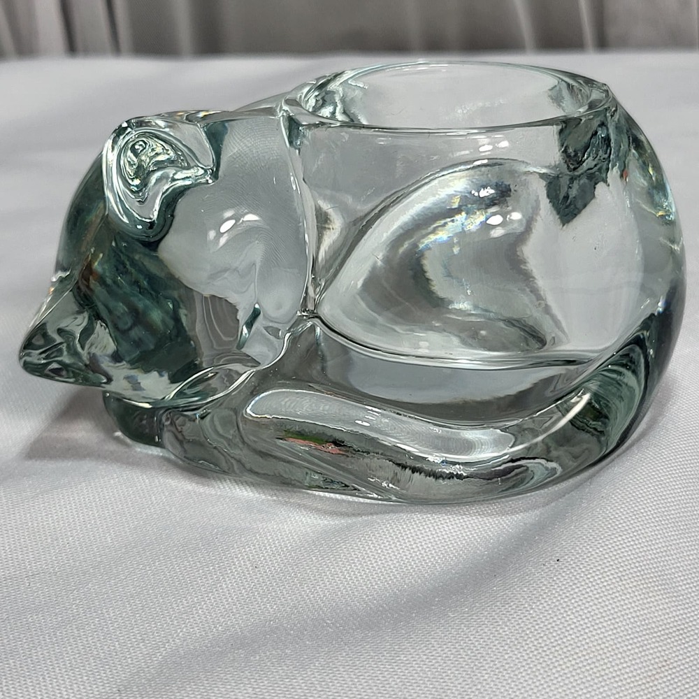 Vintage Clear Glass Sleeping Kitty Cat Votive Tea Light Candle Holder‎